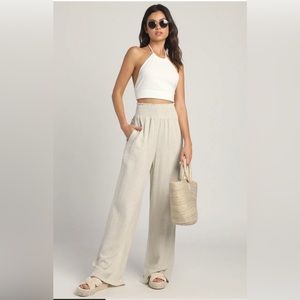 Lulus Hit the Breeze Beige Smocked Wide-Leg Pant